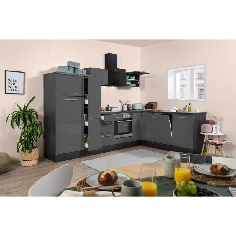 Respekta Kuchyně Amanda L šedá/dub 290 cm-trouba+skl.d./digestoř/myčka/lednice