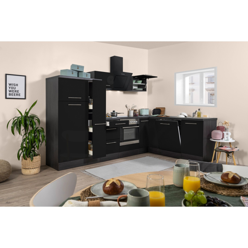 Respekta Kuchyně Amanda L černá/dub 290 cm-trouba+skl.d./digestoř/myčka/lednice