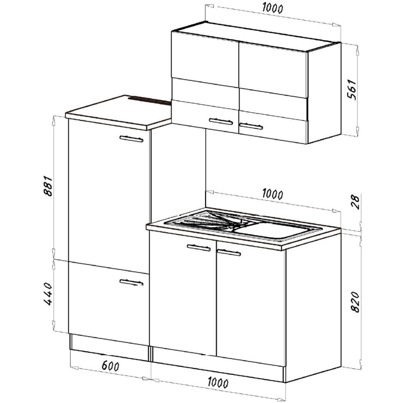 Respekta Kuchyně Luis bílá/dub 160 cm-dřez+varná deska, lednice