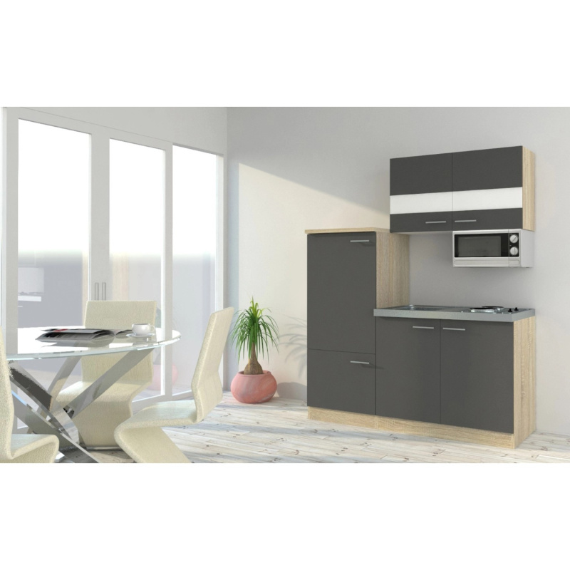 Respekta Kuchyně Luis šedá/dub 160 cm-dřez+varná deska, lednice, mikrovlnka