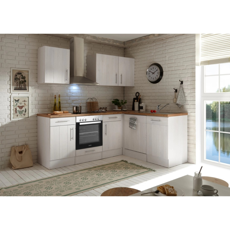 Respekta Kuchyně Anton L modřín/dub 220 cm-trouba+skl.d./komín.digestoř/myčka