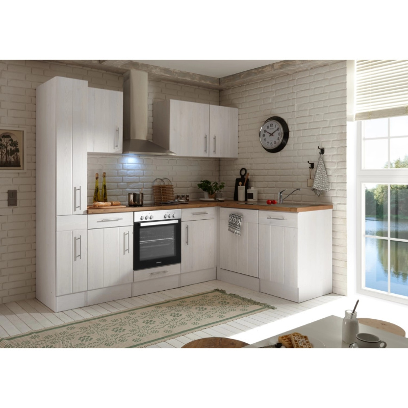 Respekta Kuchyně Anton L modřín/dub 250 cm-trouba+skl.d./komín.digestoř/myčka