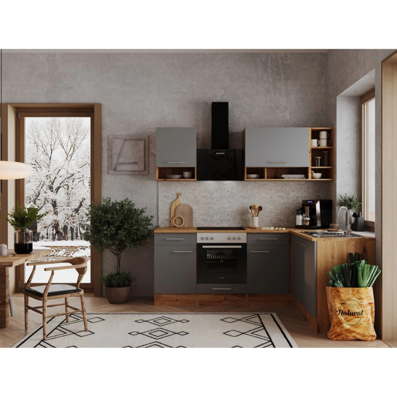 Respekta Kuchyně Hilde L šedá/dub 220 cm-trouba+sklokeramická d./digestoř/myčka