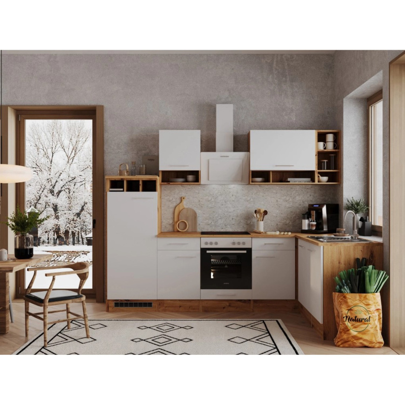 Respekta Kuchyně Hilde L bílá/dub 280 cm-trouba+sklok.d./digestoř/myčka/lednice