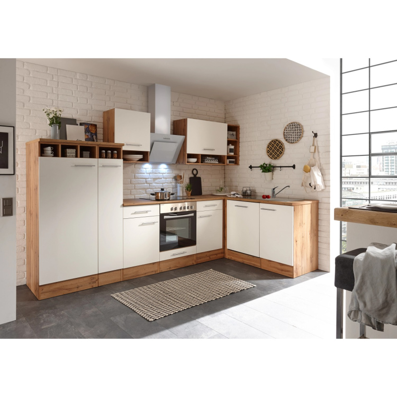 Respekta Kuchyně Hilde L bílá/dub 310 cm-trouba+sklok.d./digestoř/myčka/lednice