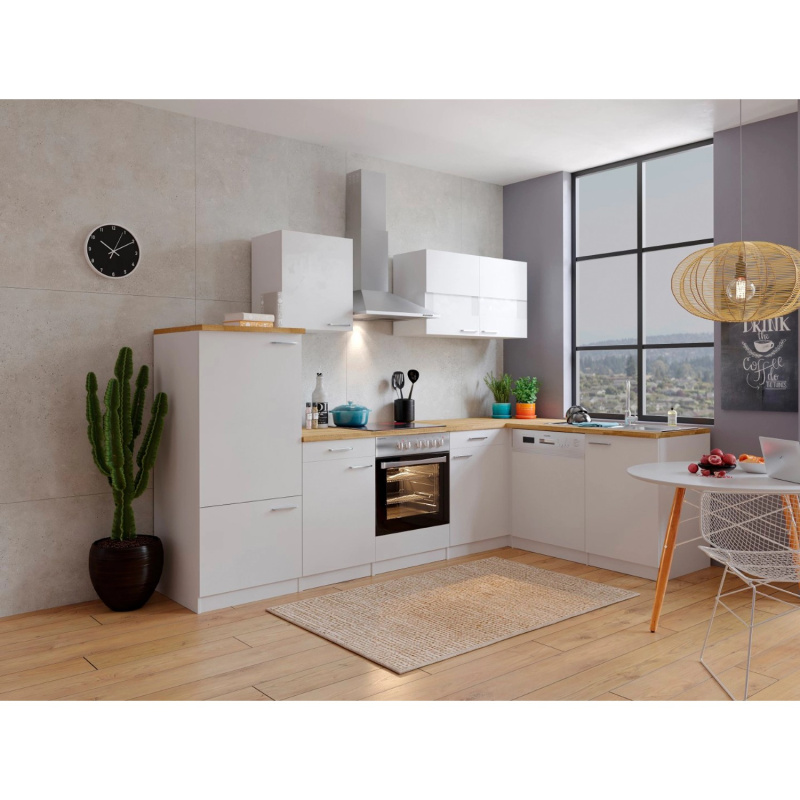 Respekta Kuchyně Malia L bílá/ořech 280 cm-skloker.d./digestoř/myčka/lednice