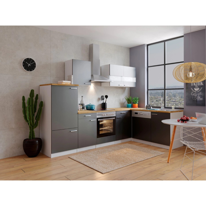 Respekta Kuchyně Malia L šedá/ořech 280 cm-skloker.d./digestoř/myčka/lednice