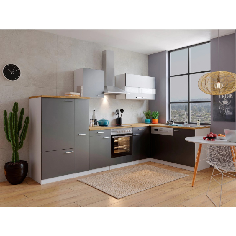 Respekta Kuchyně Malia L šedá/ořech 310 cm-skl.d./kom.digestoř/myčka/lednice