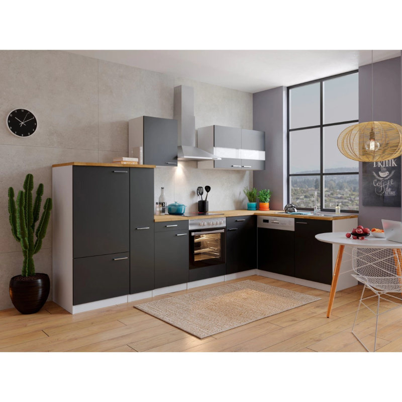 Respekta Kuchyně Malia L černá/ořech 310 cm-skl.d./kom.digestoř/myčka/lednice