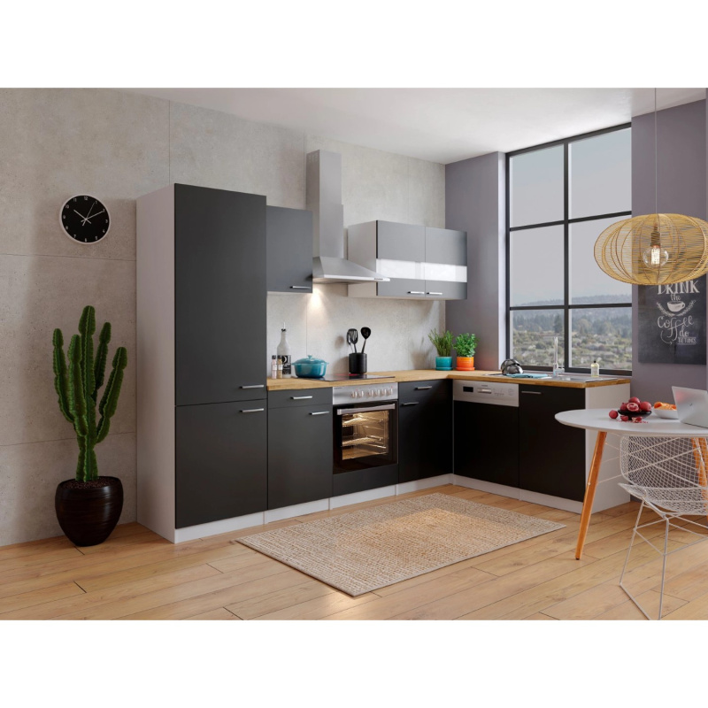 Respekta Kuchyně Malia L černá/ořech 280 cm-skloker.d./digestoř/myčka/lednice(2)