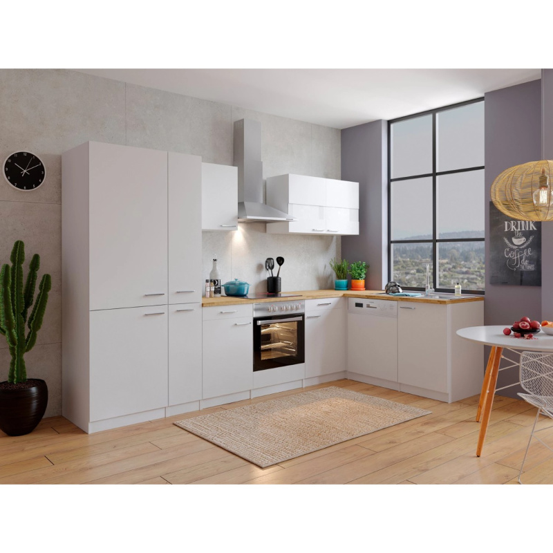 Respekta Kuchyně Malia L bílá/ořech 310 cm-skl.d./kom.digestoř/myčka/lednice(2)