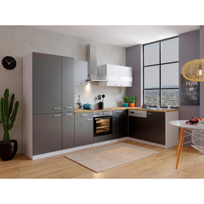 Respekta Kuchyně Malia L šedá/ořech 310 cm-skl.d./kom.digestoř/myčka/lednice(2)