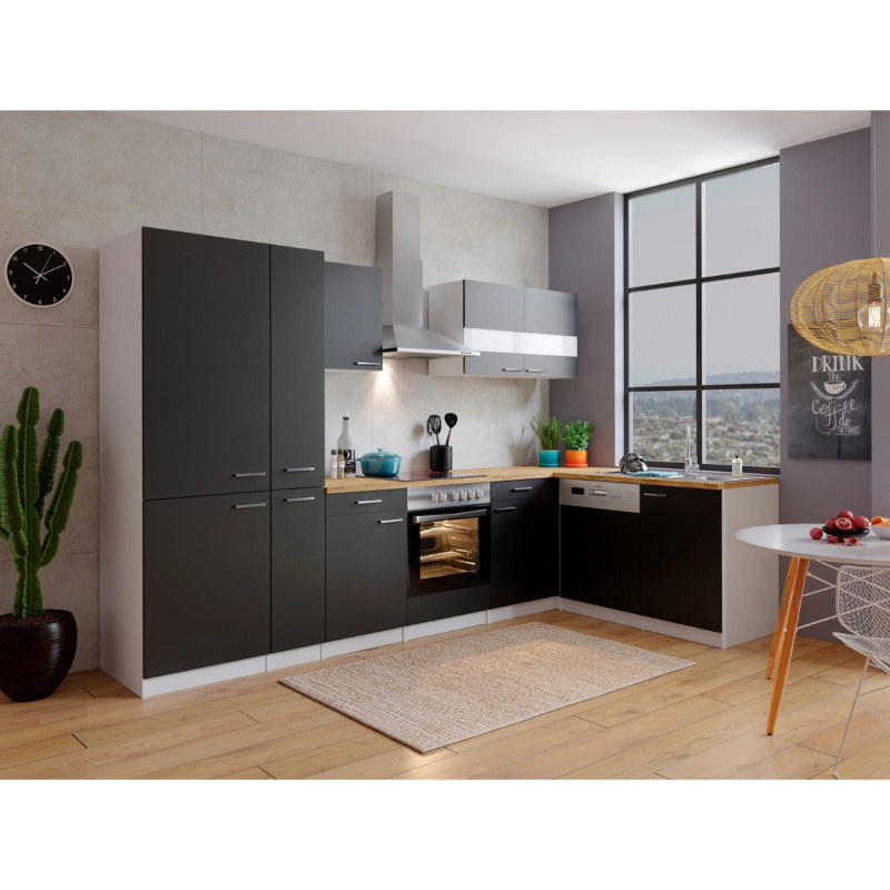 Respekta Kuchyně Malia L černá/ořech 310 cm-skl.d./kom.digestoř/myčka/lednice(2)