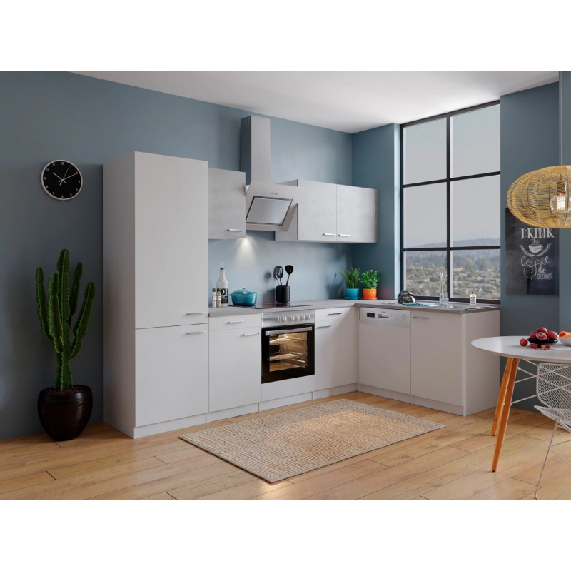 Respekta Kuchyně Malia L beton/bílá 280 cm-skloker.d./digestoř/myčka/lednice(2)