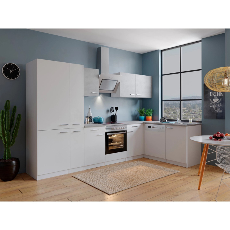 Respekta Kuchyně Malia L beton/bílá 310 cm-skl.d./šik.digestoř/myčka/lednice(2)