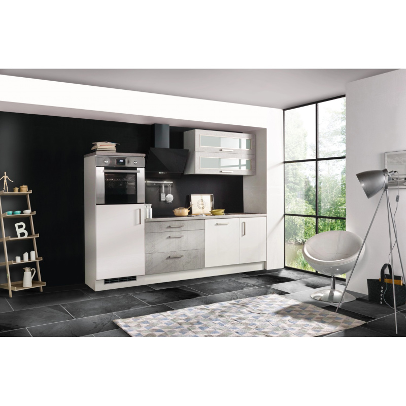 Respekta Kuchyně Kilian bílá/beton 260 cm - trouba, skl.deska, digestoř, myčka