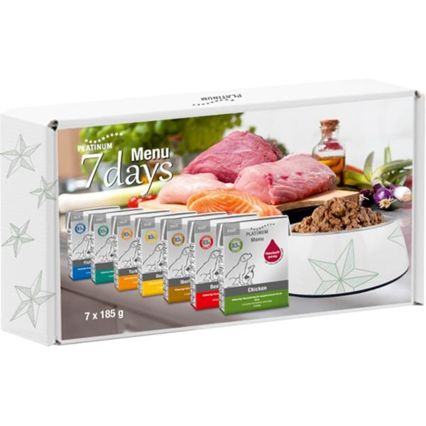 Platinum Natural 7Days Menu paštiky pro psy box (7×185 g)