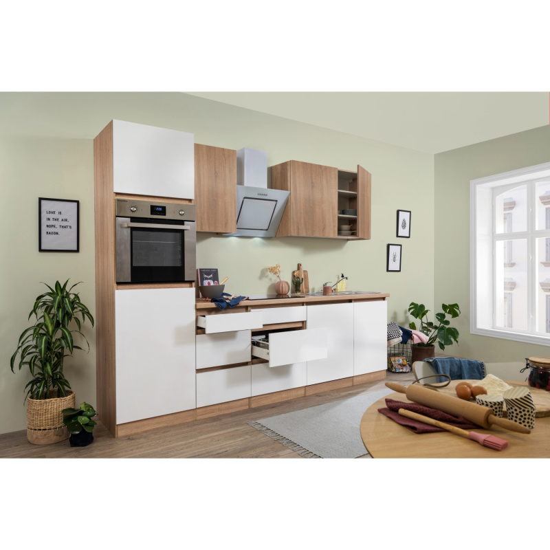 Respekta Kuchyně Lorena le.bílá/dub 280 cm-trouba/skl.d.(2)/dig./myčka(2)/led.