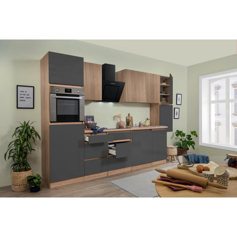 Respekta Kuchyně Lorena šedá/dub 330 cm-trouba/skl.d.(2)/dig./myčka(2)/lednice