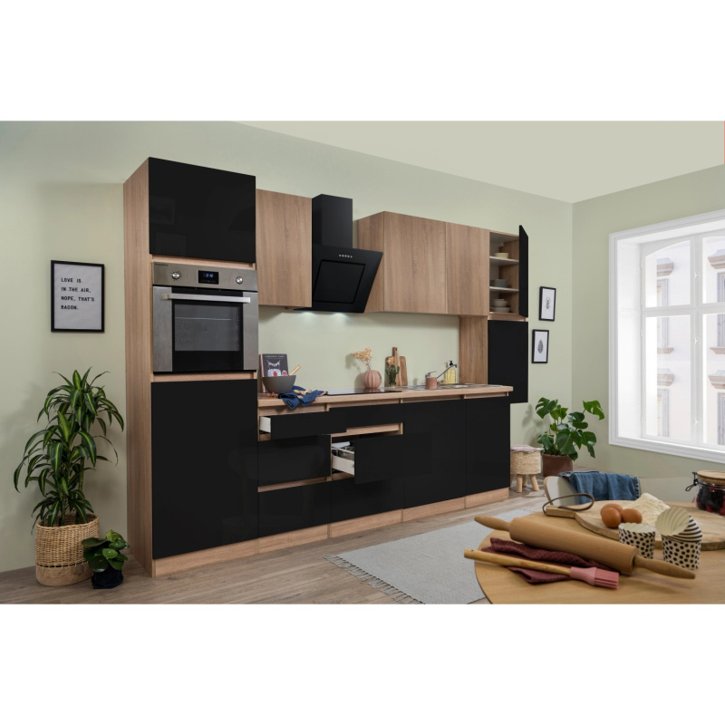 Respekta Kuchyně Lorena černá/dub 330 cm-trouba/skl.d.(2)/dig./myčka(2)/lednice