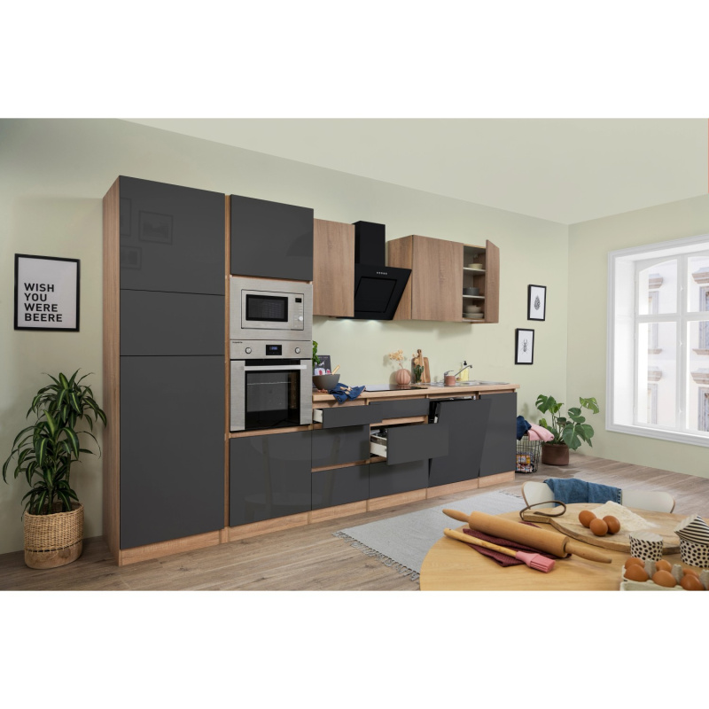 Respekta Kuchyně Lorena šedá/dub 345 cm-trouba/skl.d.(2)/dig./myčka(2)/led./mik.
