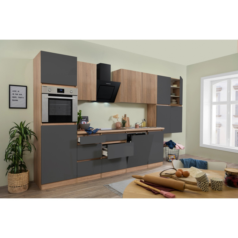 Respekta Kuchyně Lorena šedá/dub 380 cm-trouba/skl.d.(2)/dig./myčka(2)/lednice