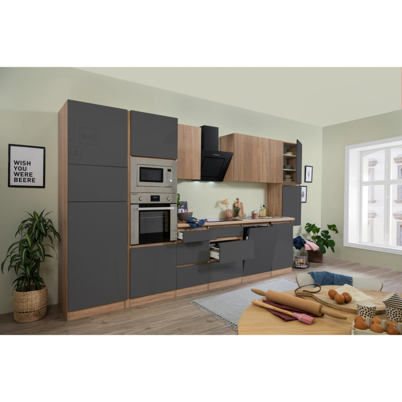 Respekta Kuchyně Lorena šedá/dub 395 cm-trouba/skl.d.(2)/dig./myčka(2)/led./mik.