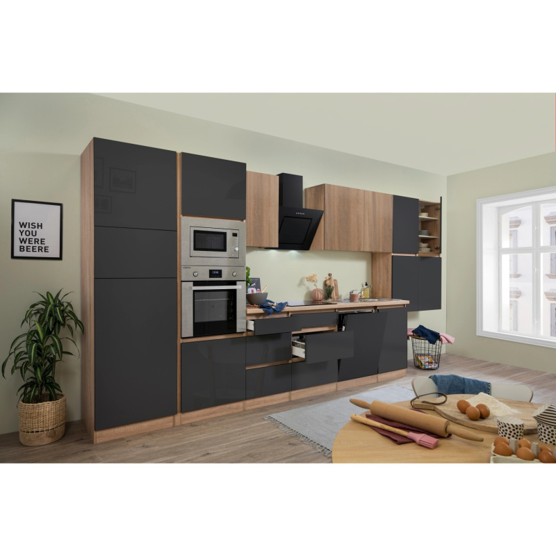 Respekta Kuchyně Lorena šedá/dub 445 cm-trouba/skl.d.(2)/dig./myčka(2)/led./mik.