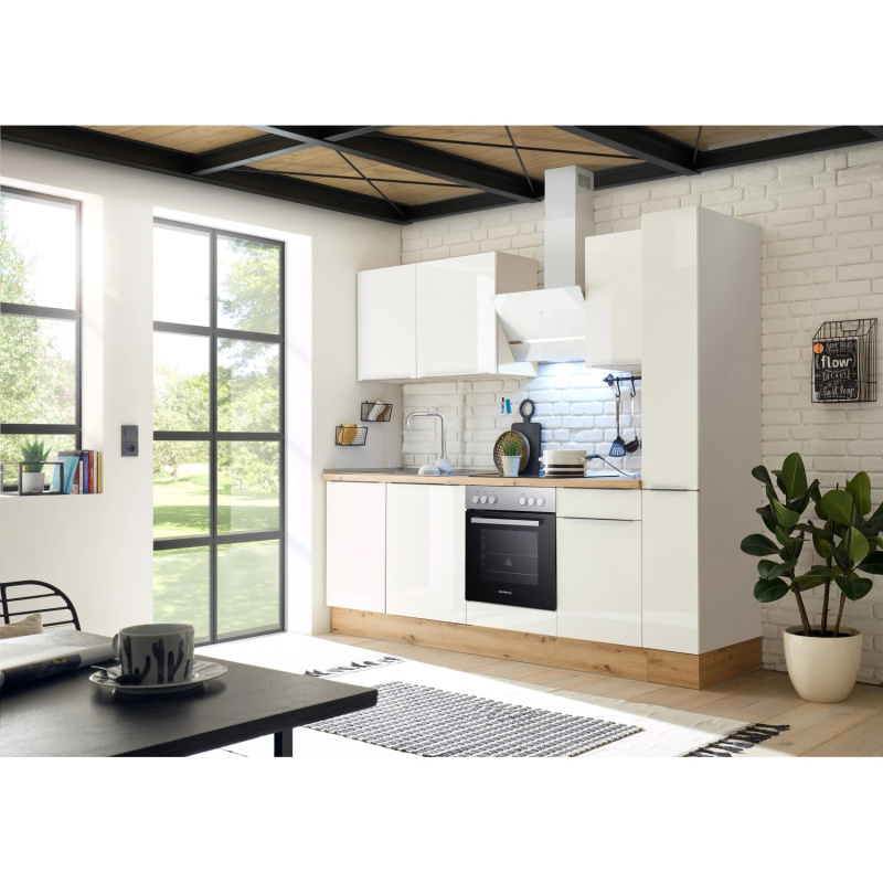 Respekta Kuchyně Marleen lesk.bílá/bílá 250 cm - skl.deska/šikmá digestoř/myčka