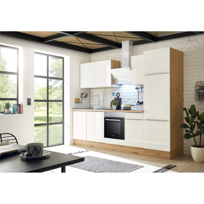 Respekta Kuchyně Marleen bílá/dub 280 cm-trouba+skl.deska/digestoř/myčka/lednice