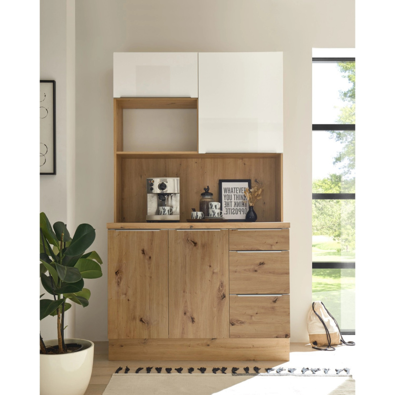 Respekta Bufet ke kuchyni Marleen lesklá bílá/dub 120 cm - bez el. přístrojů