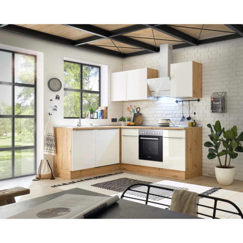 Respekta Kuchyně Marleen L bílá/dub 220 cm-trouba+skl.deska/digestoř/myčka