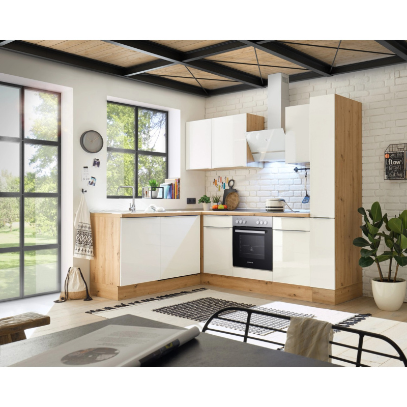 Respekta Kuchyně Marleen L bílá/dub 250 cm-trouba+skl.deska/digestoř/myčka