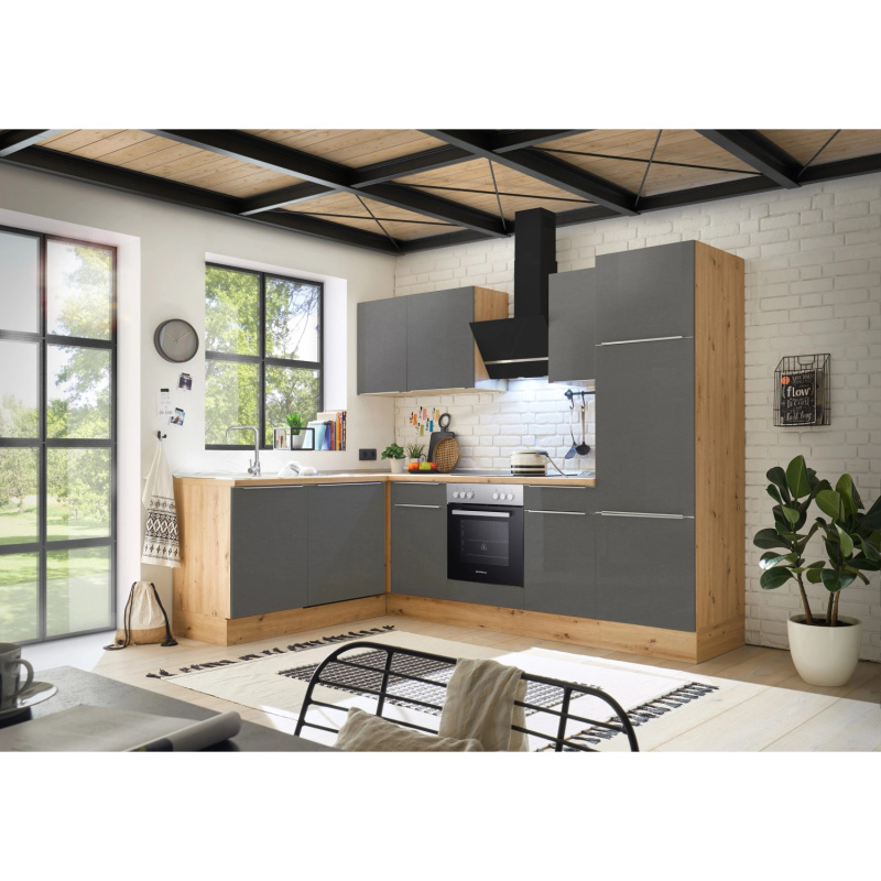 Respekta Kuchyně Marleen L šedá/dub 280 cm-trouba+skl.d./digestoř/myčka/lednice