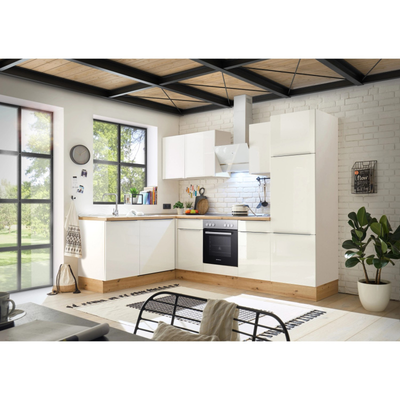 Respekta Kuchyně Marleen L bílá/bílá 280 cm-trouba+skl.d./digestoř/myčka/lednice