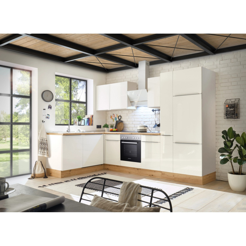 Respekta Kuchyně Marleen L bílá/bílá 310 cm-trouba+skl.d./digestoř/myčka/lednice