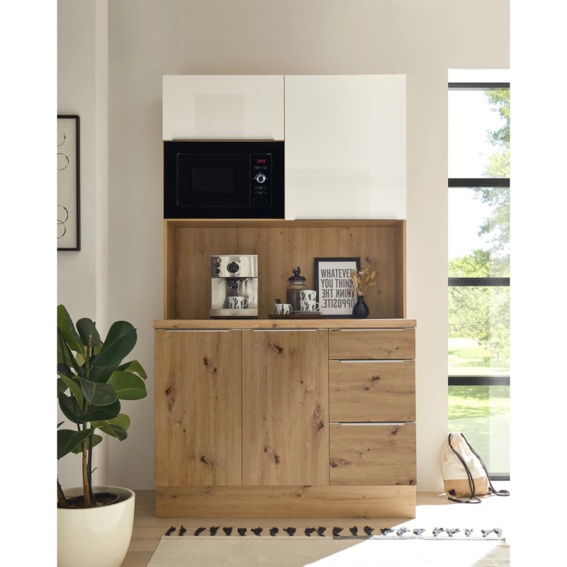 Respekta Bufet ke kuchyni Marleen lesklá bílá/dub 120 cm - mikrovlnka