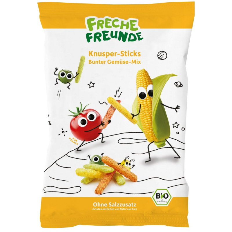 Freche Freunde BIO Zeleninové tyčinky s rajčetem, kukuřicí a hráškem