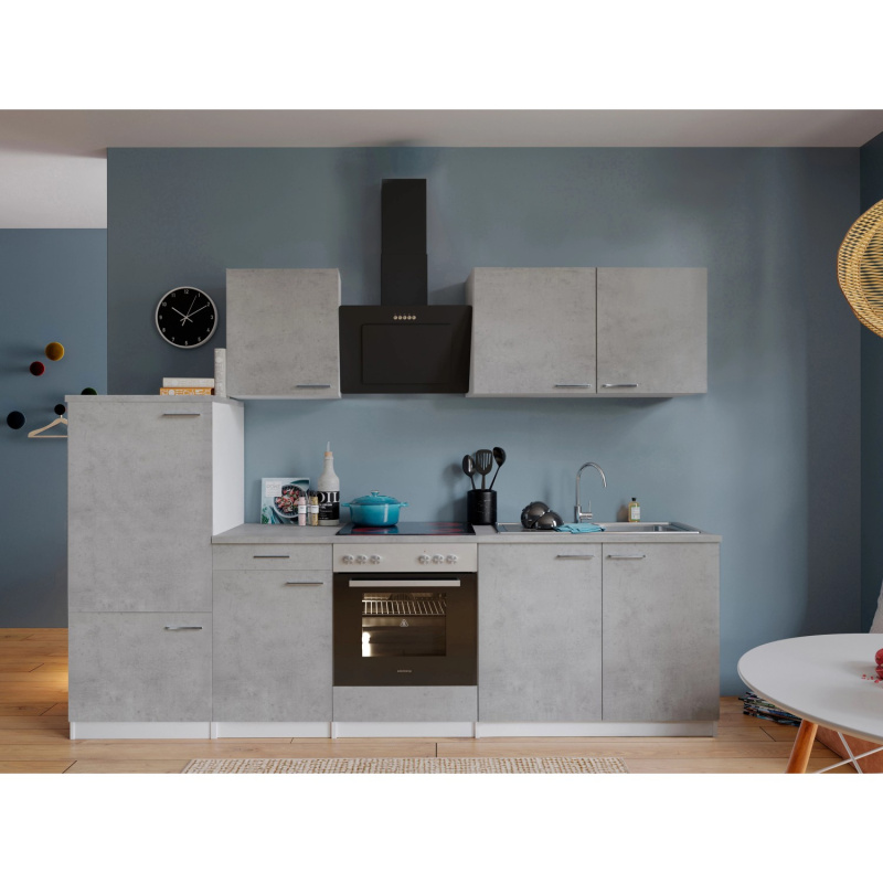 Respekta Kuchyně Malia beton/beton 270 cm - skloker.deska/šikmá digestoř/lednice