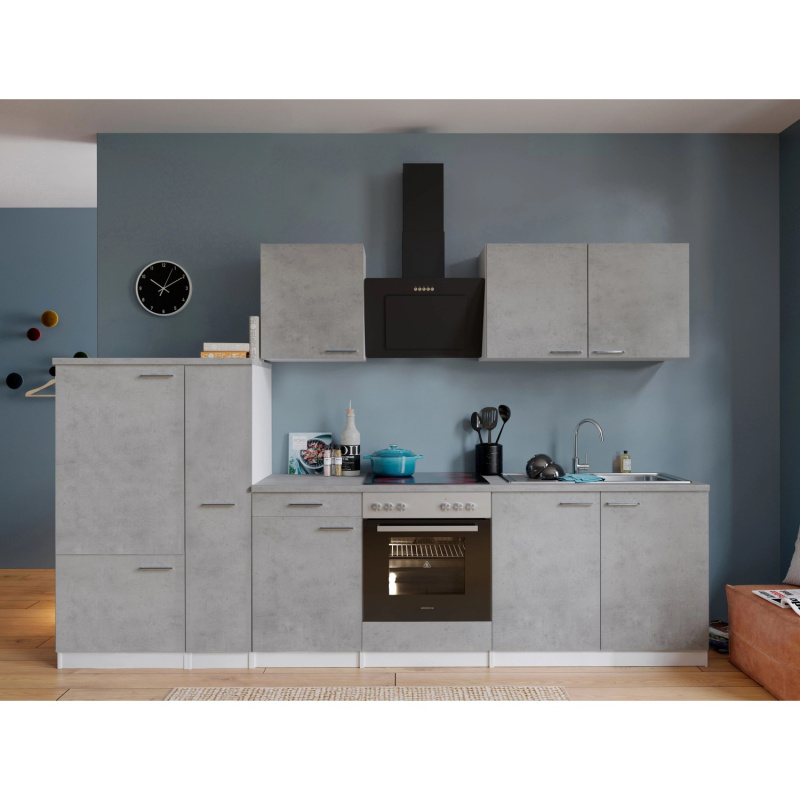 Respekta Kuchyně Malia beton/beton 300 cm - skloker.deska/šikmá digestoř/lednice