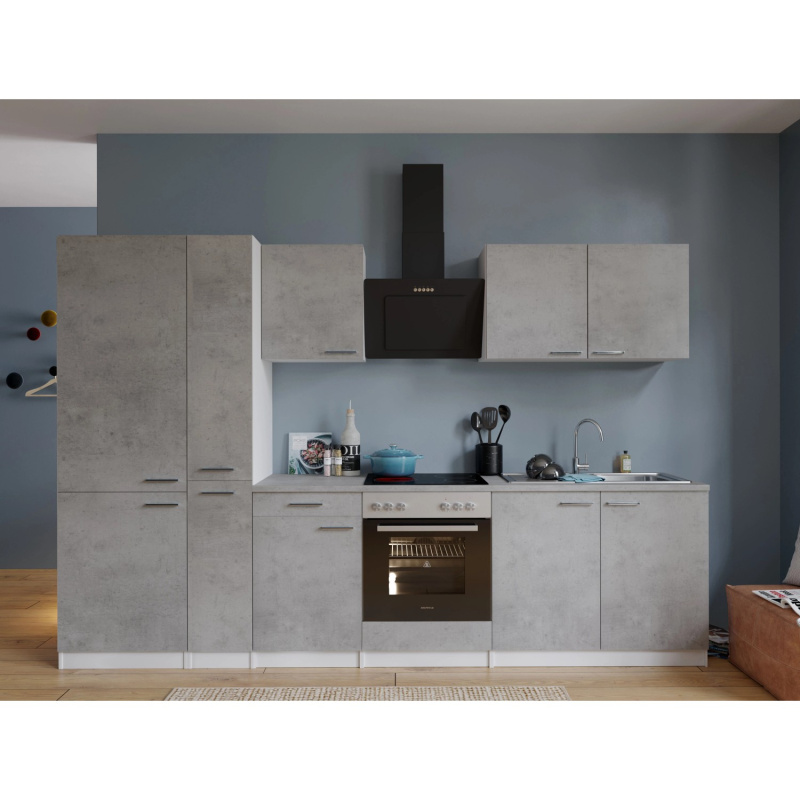 Respekta Kuchyně Malia beton/beton 300 cm - skl.deska/šik.digestoř/kombi.lednice