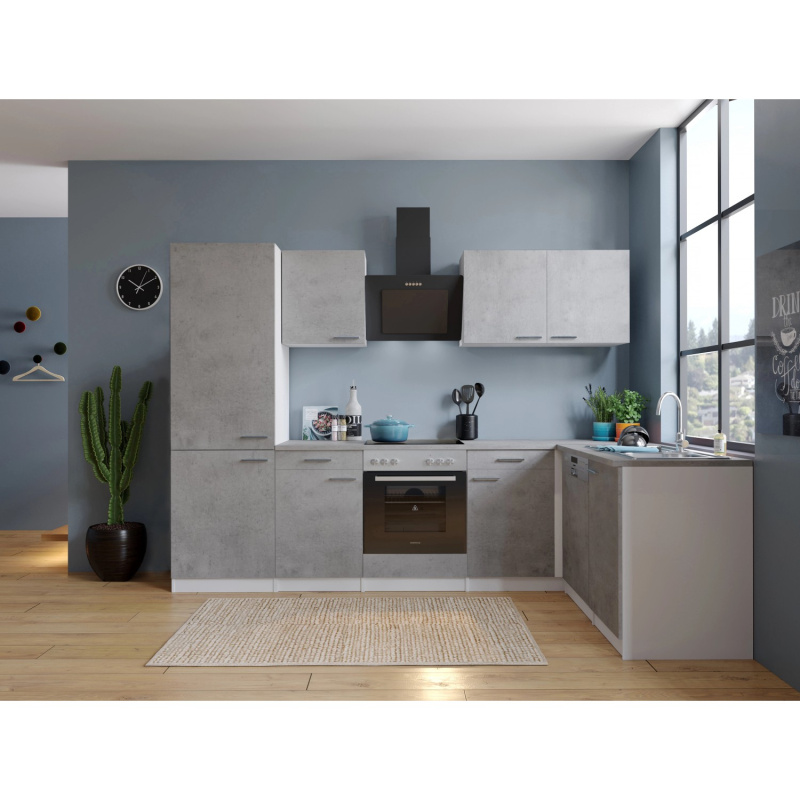 Respekta Kuchyně Malia L beton/beton 280 cm - skl.d./šik.d./myčka/kombi.lednice