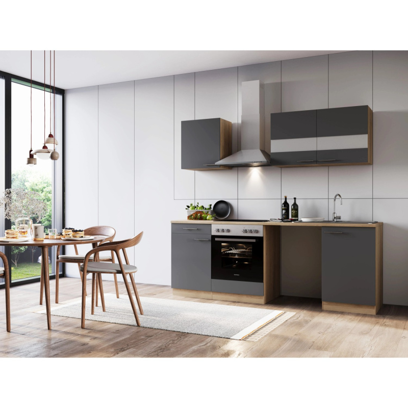 Respekta Kuchyně Merle šedá/dub 220 cm-skl.deska/komín.digestoř/nika na pračku