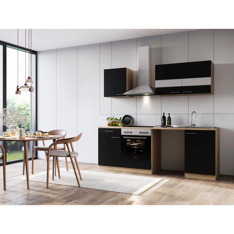 Respekta Kuchyně Merle černá/dub 220 cm-skl.deska/komín.digestoř/nika na pračku