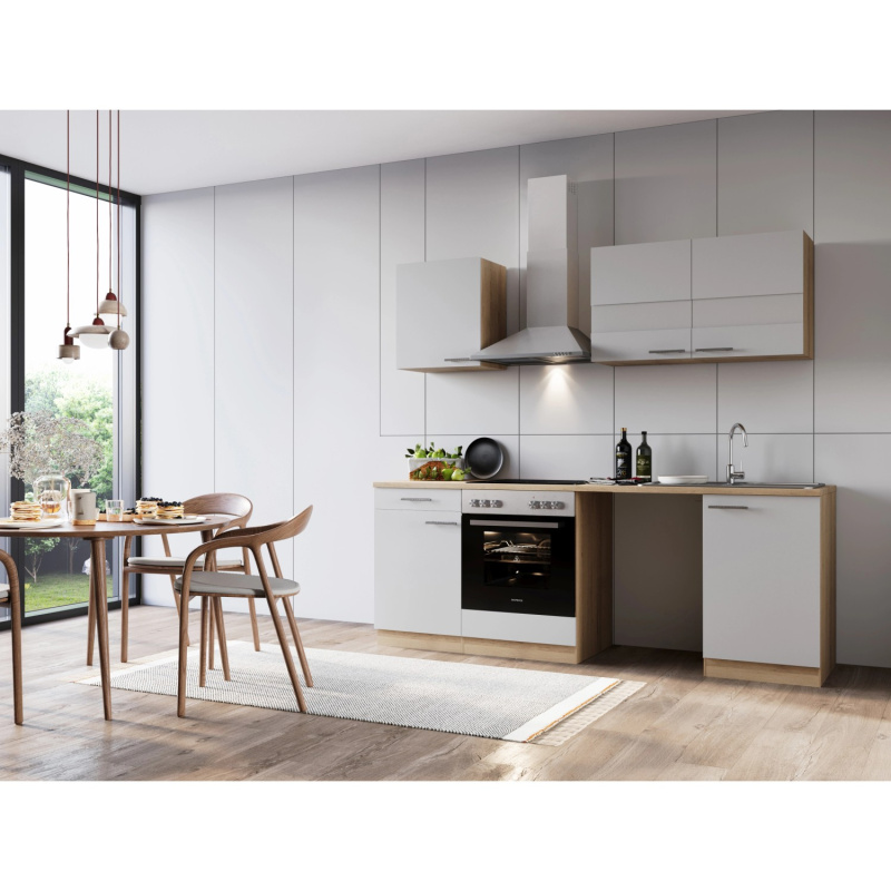 Respekta Kuchyně Merle bílá/dub 220 cm-skl.deska/komín.digestoř/nika na pračku