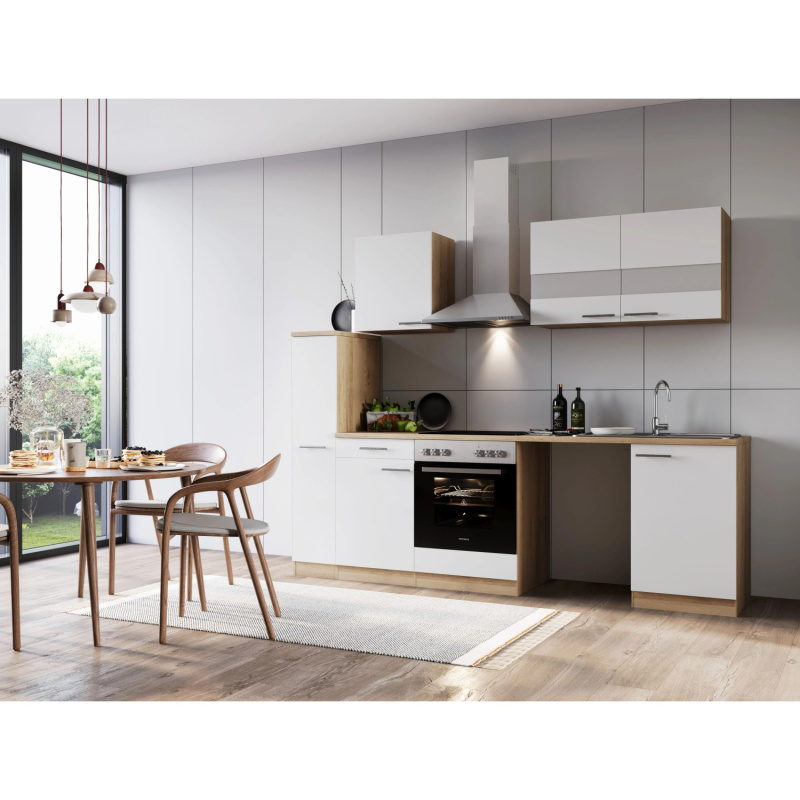 Respekta Kuchyně Merle bílá/dub 250 cm-skl.deska/komín.digestoř/nika na pračku