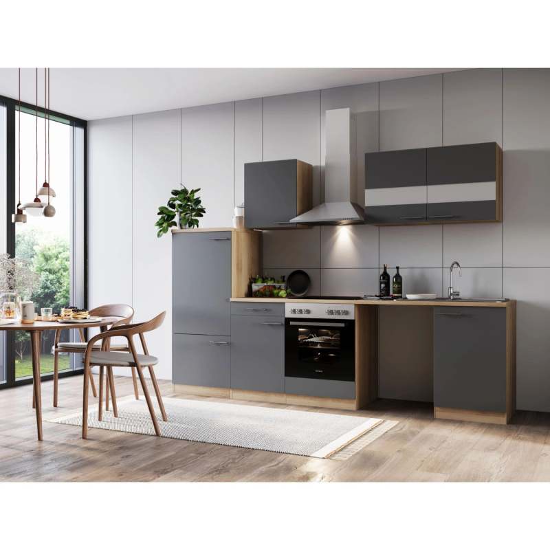 Respekta Kuchyně Merle šedá/dub 280 cm-skl.deska/kom.dig/lednice/nika na pračku