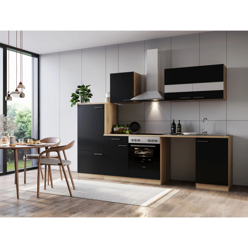 Respekta Kuchyně Merle černá/dub 280 cm-skl.deska/kom.dig/lednice/nika na pračku