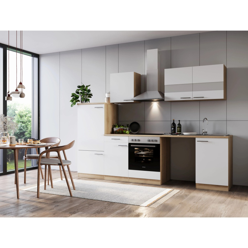 Respekta Kuchyně Merle bílá/dub 280 cm-skl.deska/kom.dig/lednice/nika na pračku