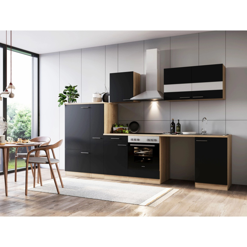 Respekta Kuchyně Merle černá/dub 310 cm-skl.deska/kom.dig/lednice/nika na pračku